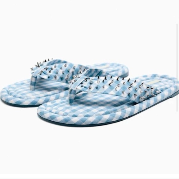 🩵 ZARA BLUE WHITE GINGHAM STUDDED FLIP FLOPS! - Picture 12 of 16